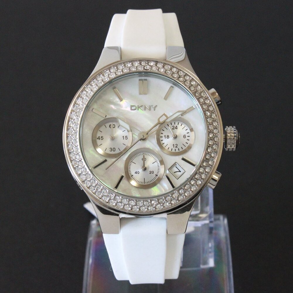 DNKY Women's Chronograph Crystal Bezel Mother Of Pearl Dial Silicone Strap 38mm - Picture 3 of 14